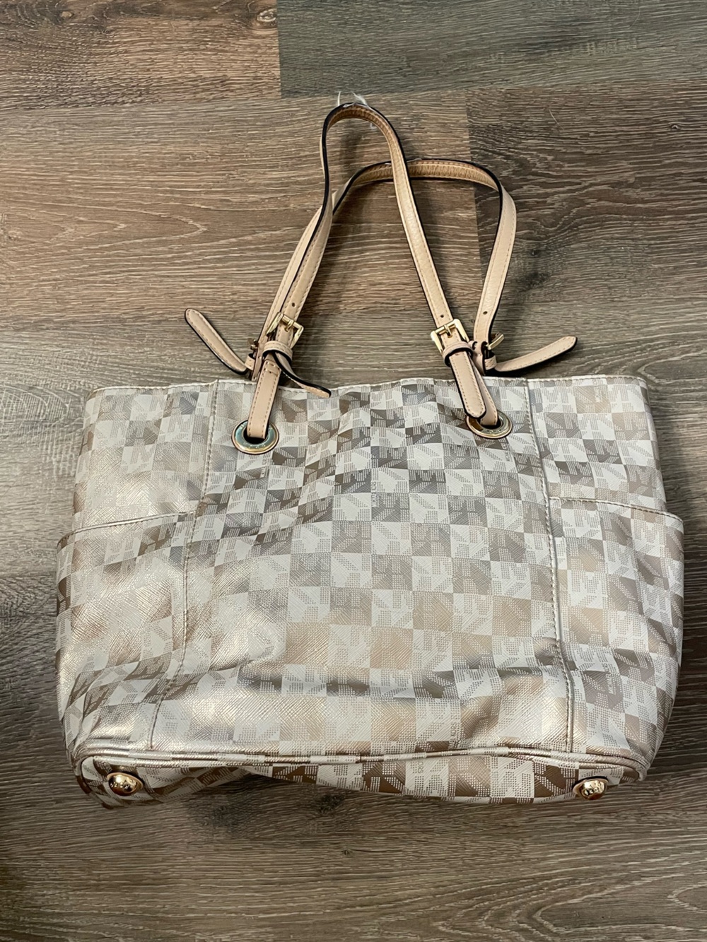 Michael Kors Metallic Beige Checkered Shoulder Tote Tan Leather Straps